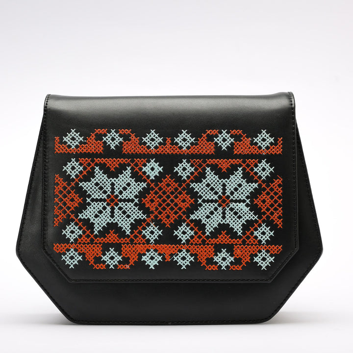 Geometric Embroidered Satchel - black