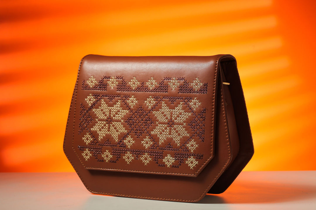 Havan Fold Up Embroidered Cross Leather Bag