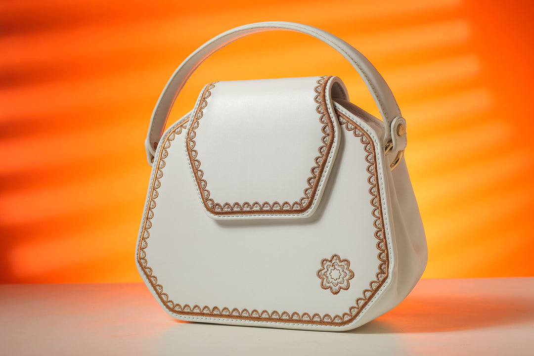 White Frame Embroidered Cross Leather Bag