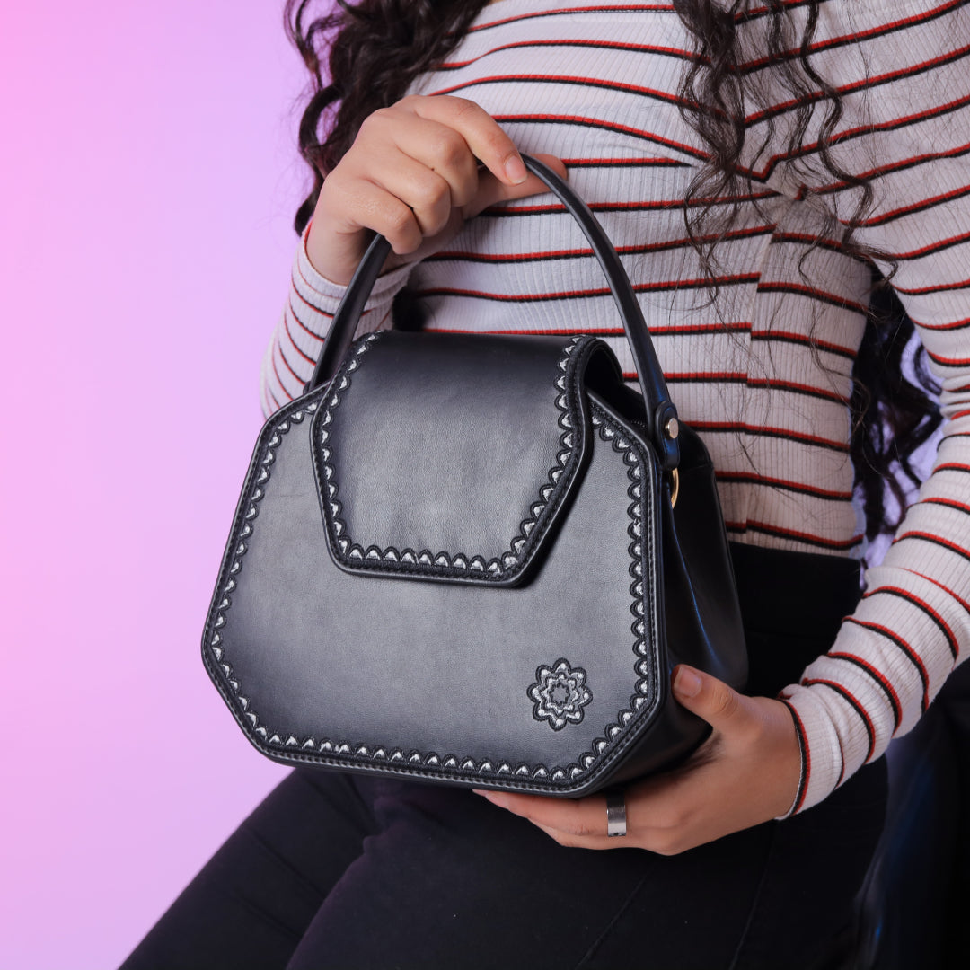 Black Frame Embroidered Cross Leather Bag