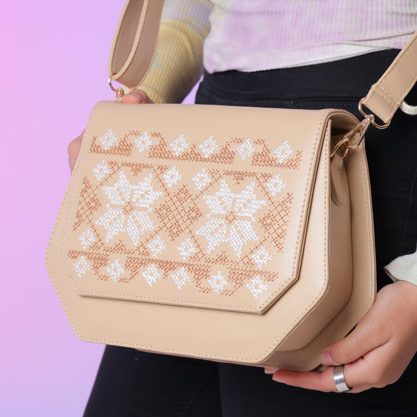 Beige Fold Up Embroidered Cross Leather Bag