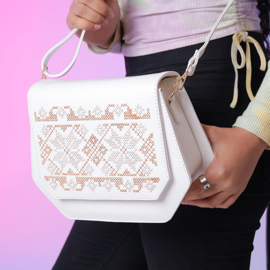 White Fold Up Embroidered Cross Leather Bag