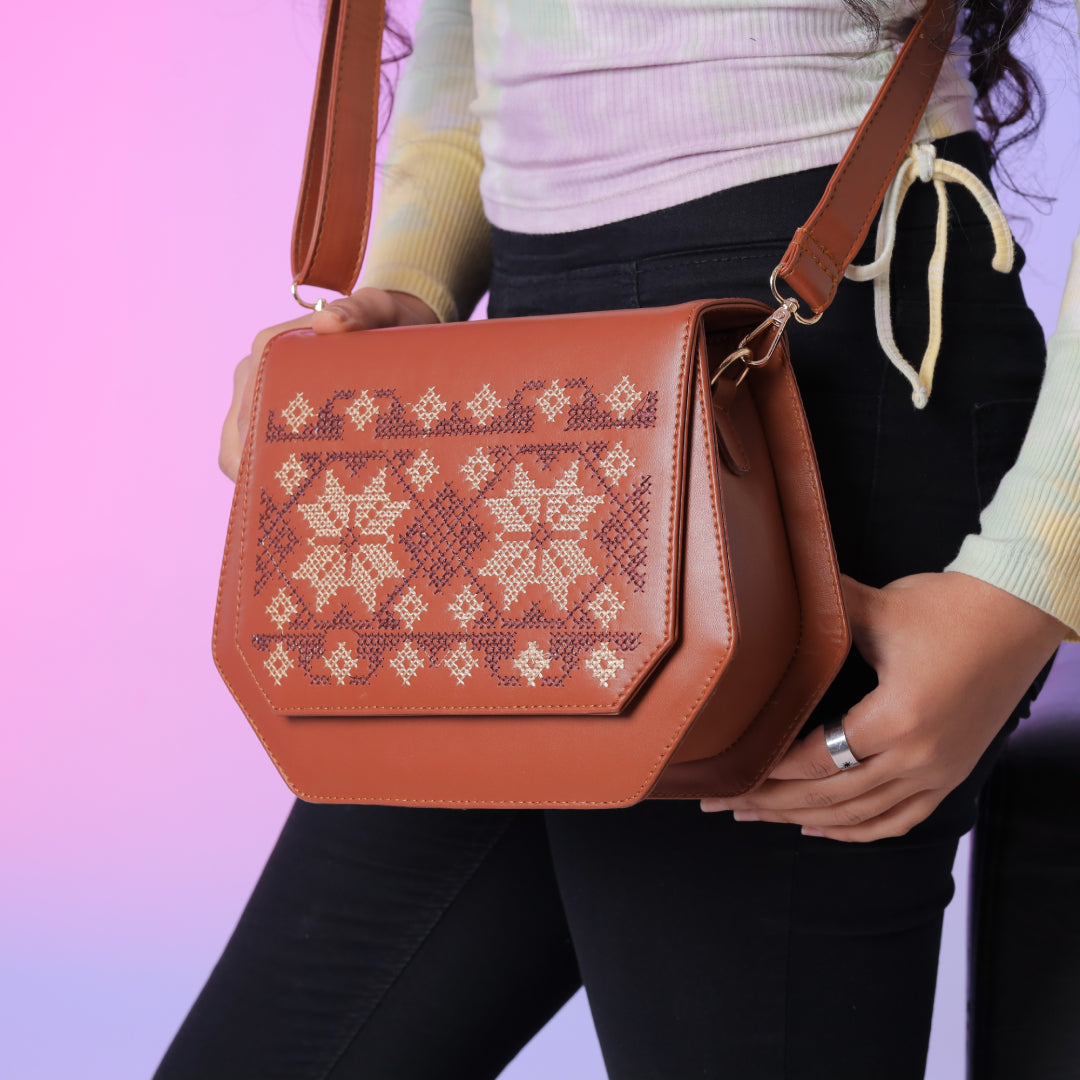 Havan Fold Up Embroidered Cross Leather Bag