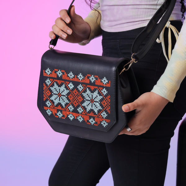 Black Fold Up Embroidered Cross Leather Bag